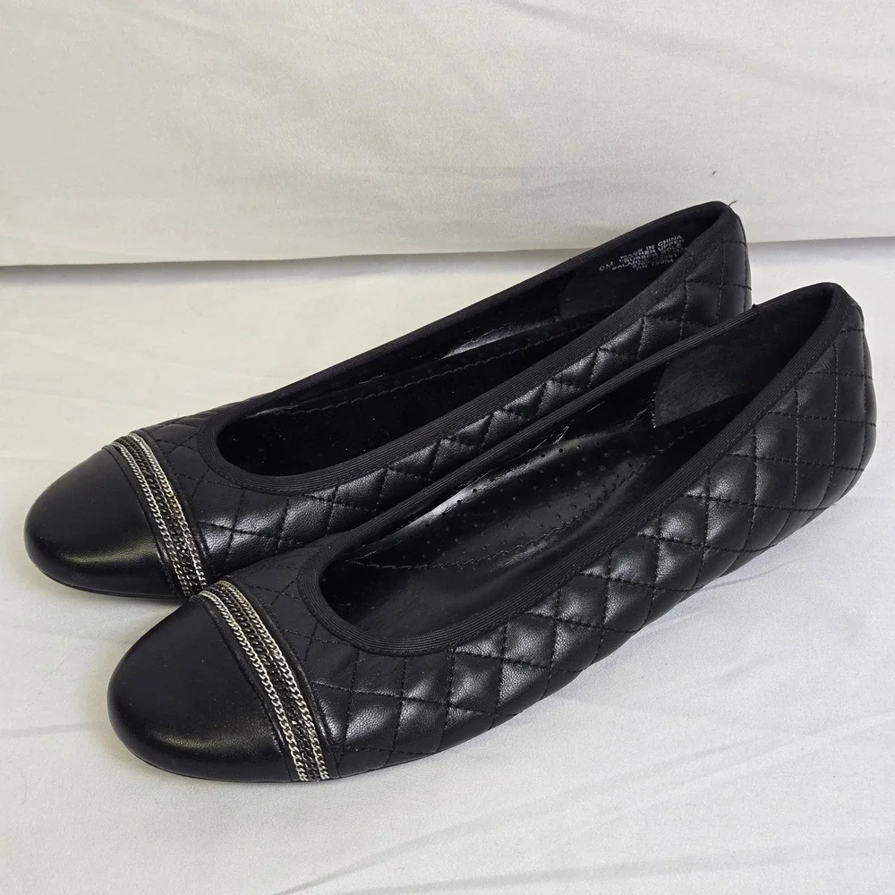 Chico's Quilted Ballet Flats, Silver Tone Chain Accent, Black, Size 9 - Picture 12 of 12